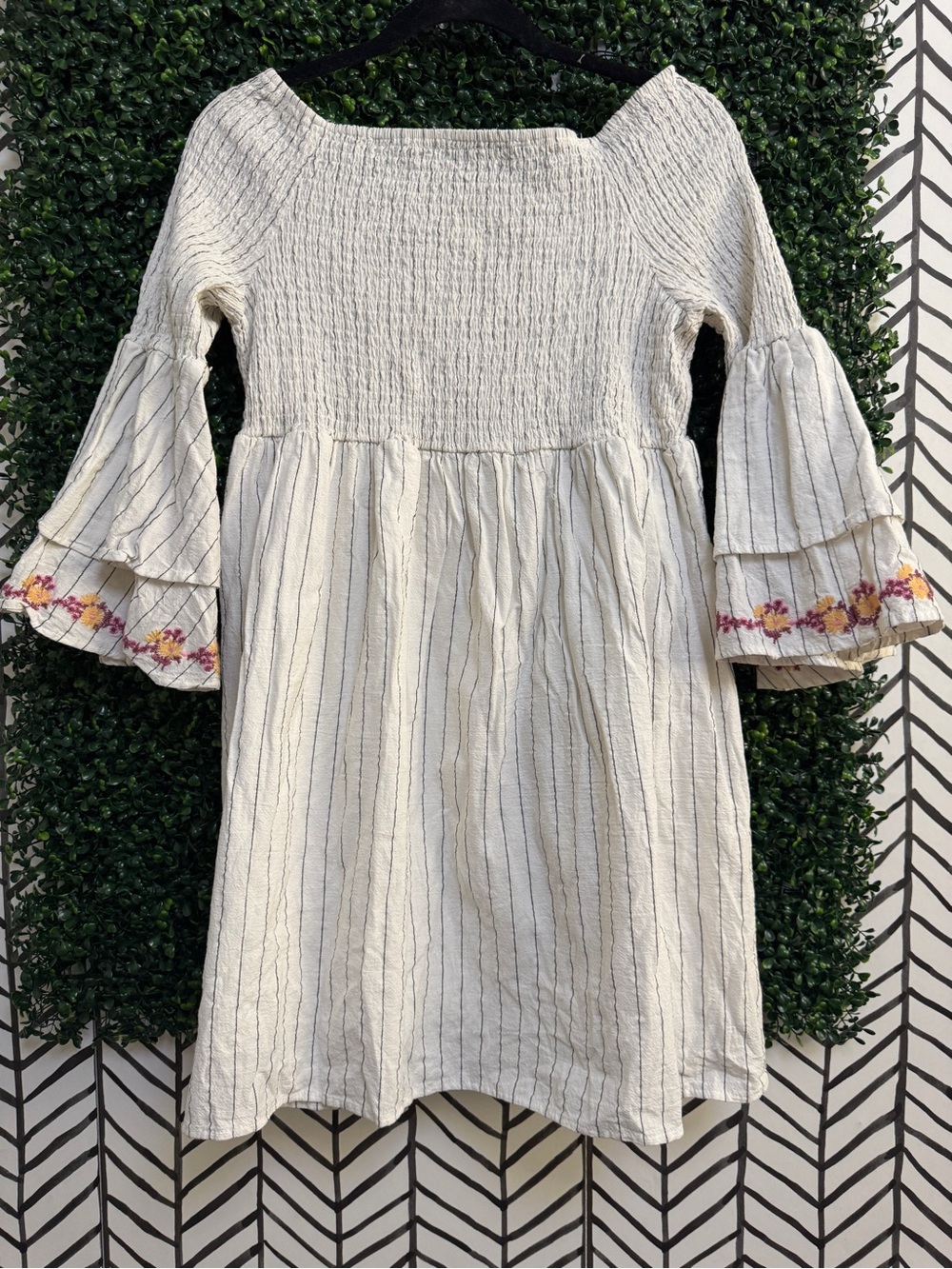 Cream Embroidered Bell-Sleeve Dress